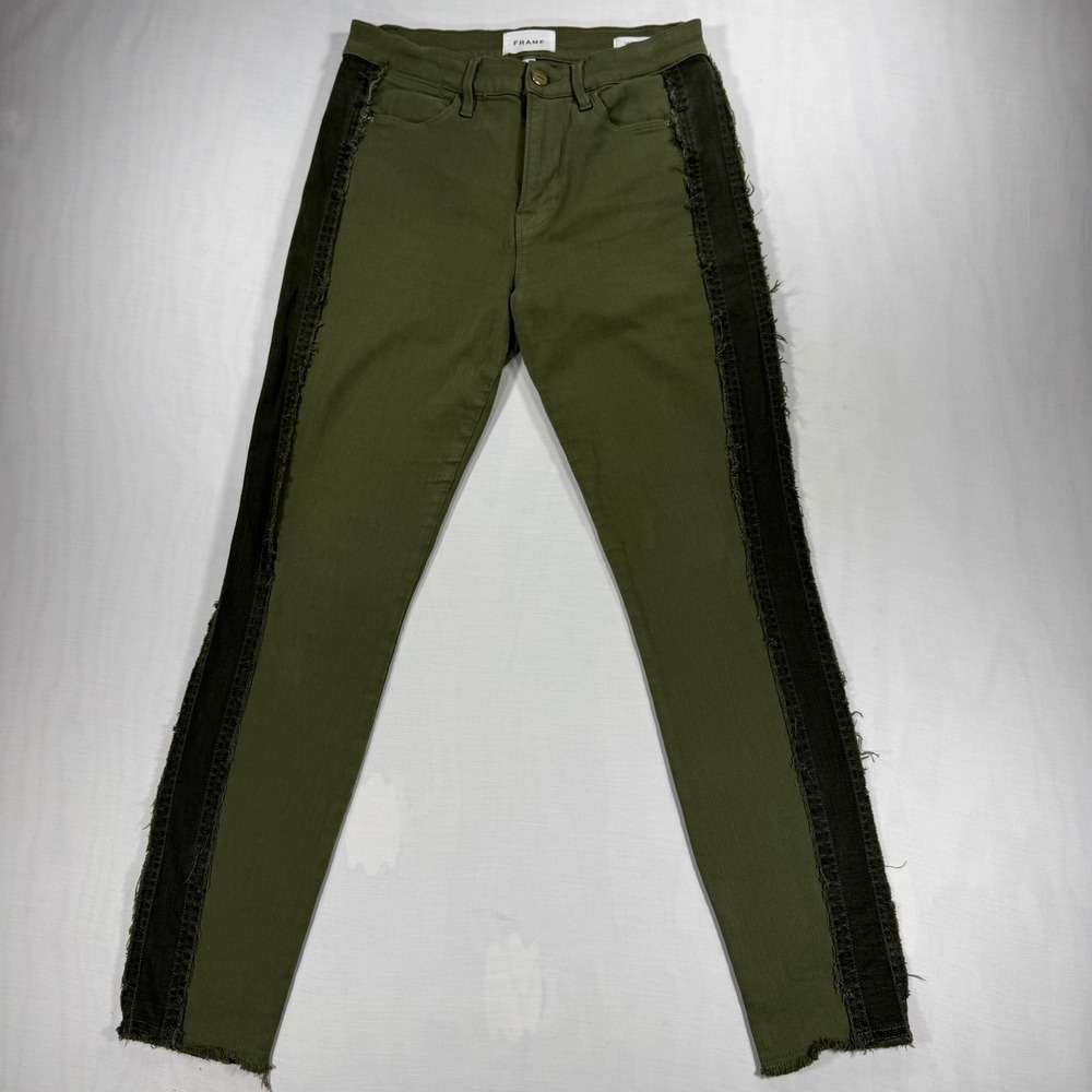 Frame Le High Skinny Jeans Military Green Two Tone Frayed Side Stripe 27 Fall